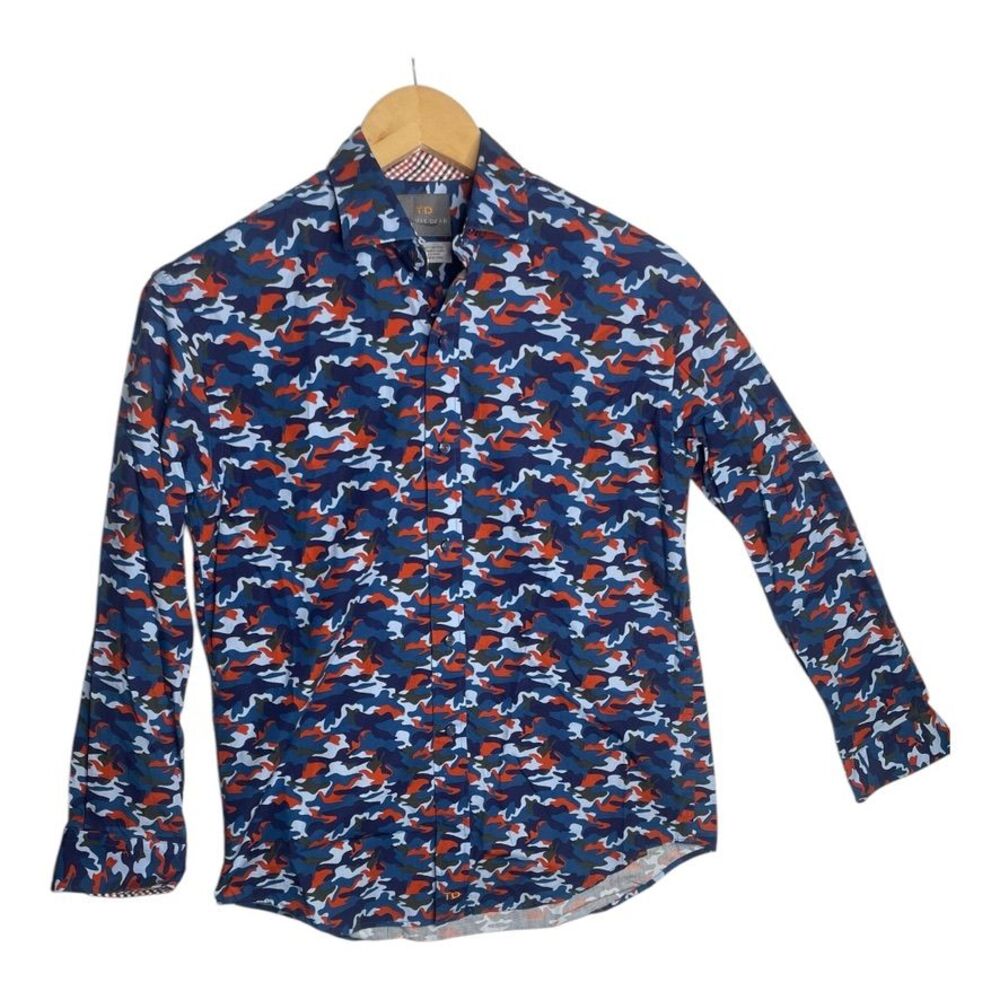 TD Thomas Dean Long Sleeve‎ Button Up Shirt Blue Multi Camo Boys Large (14/16)